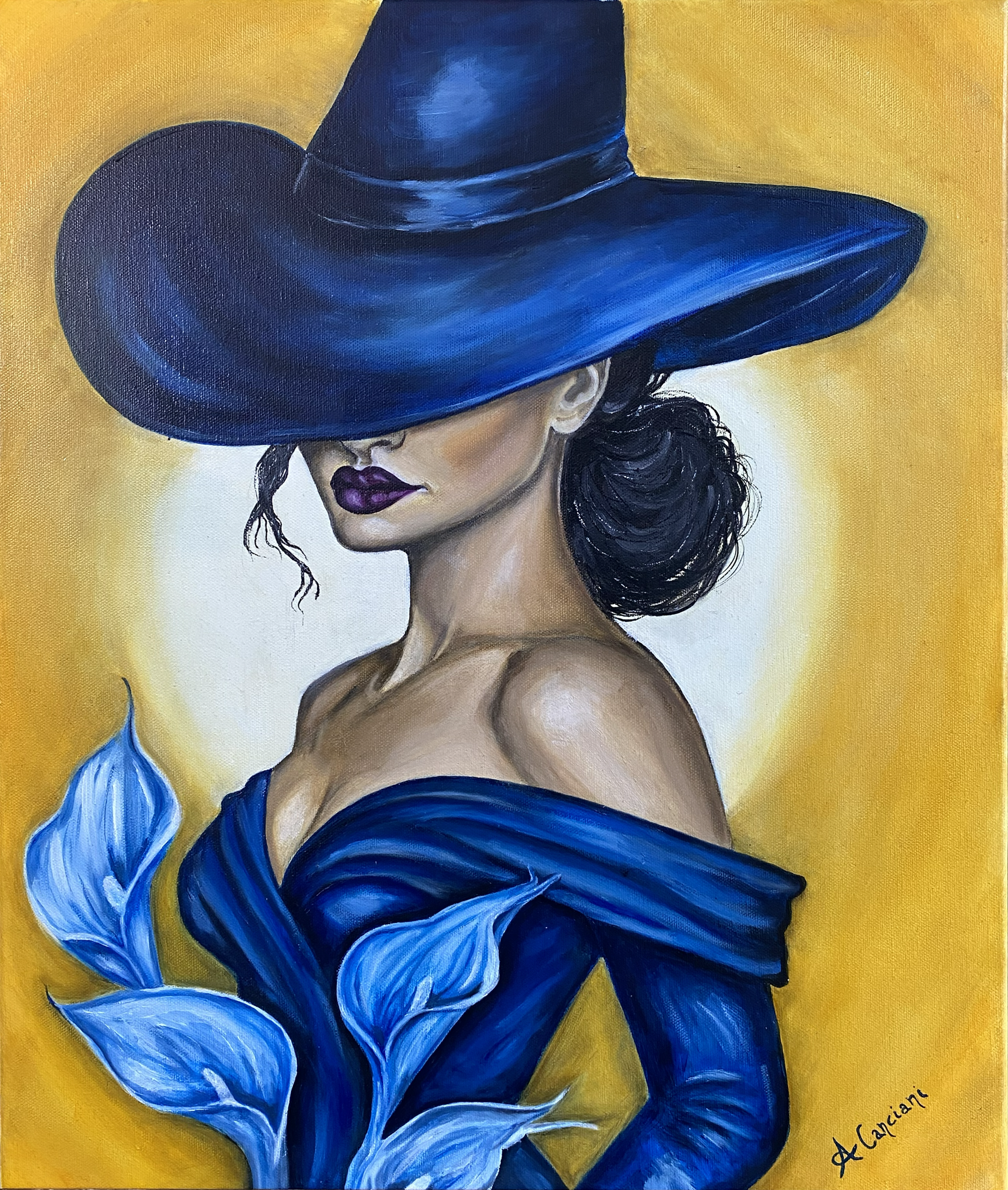 Donna con cappello blu tra le calle